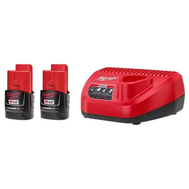 Milwaukee 48-59-2420P, accessory: M12 12V Lithium-Ion Compact 2.0 Ah Battery Pack (2-Pack) Starter Kit with Charger
